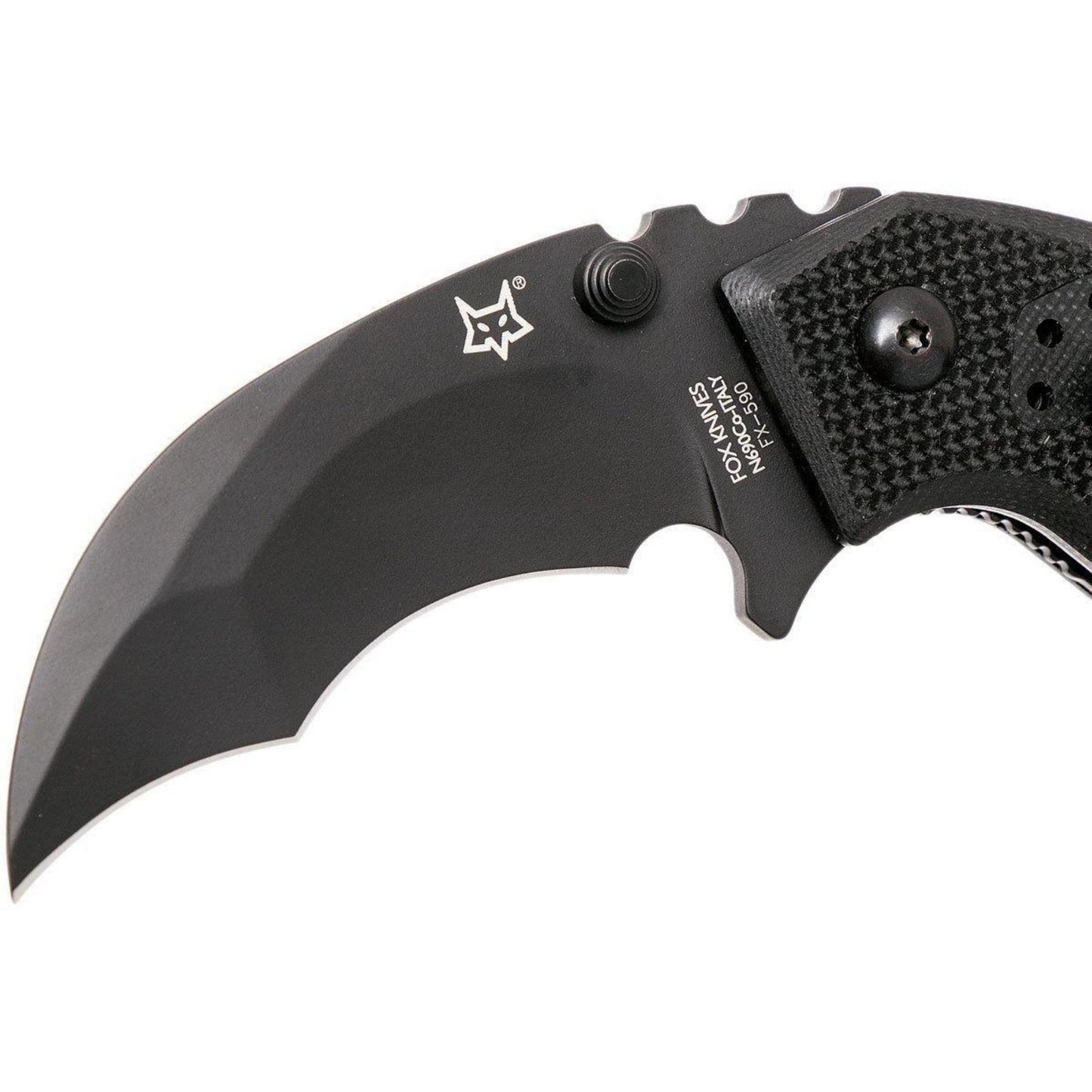 Fox Knives Chiropteka sulankstomas taktinis karambito tipo peilis N690Co plienas su juoda rankena ir geležte.