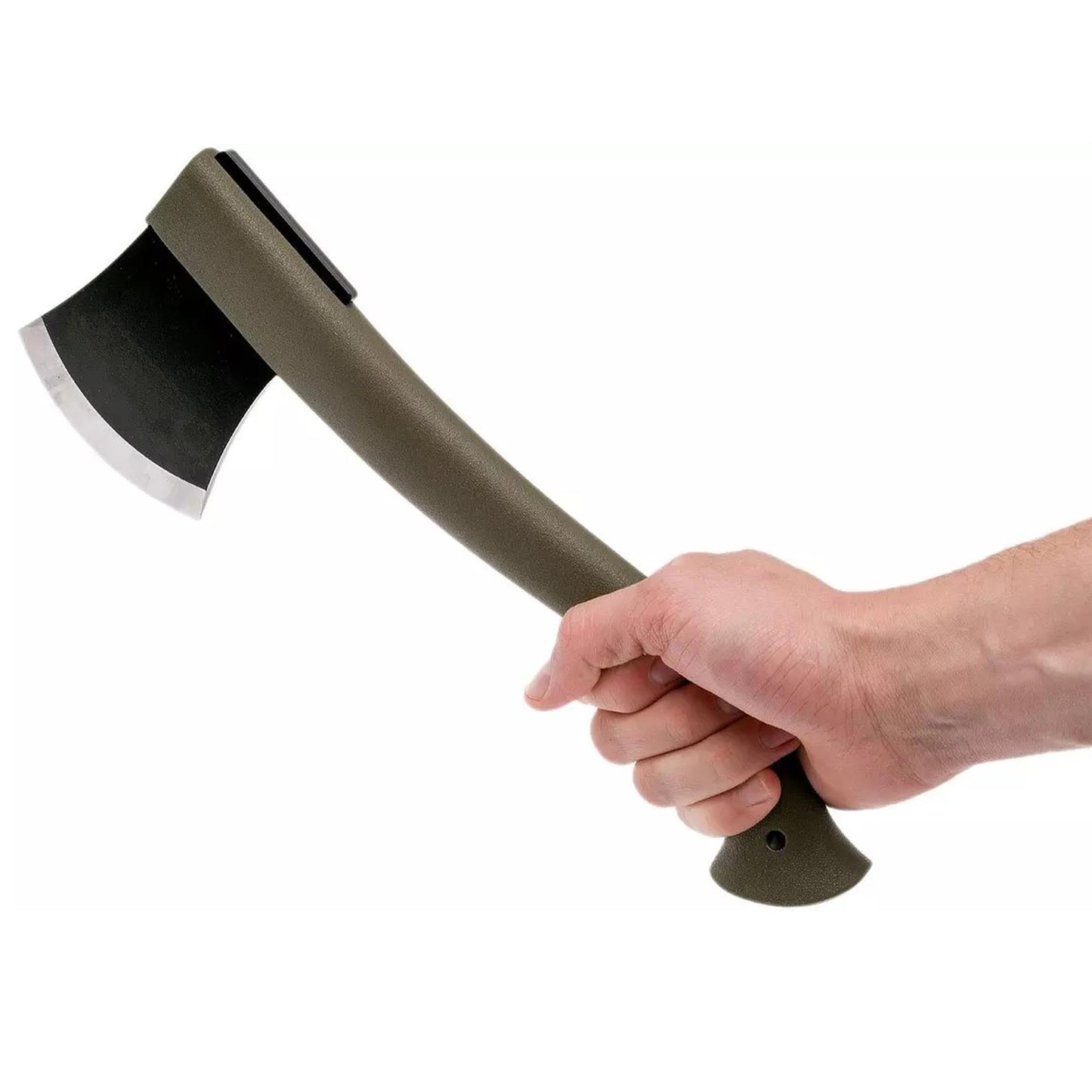 MORAKNIV kirvis su boro plieno galva ir odiniu dėklu, tvirtas ir patvarus lauko kapojimo įrankis.