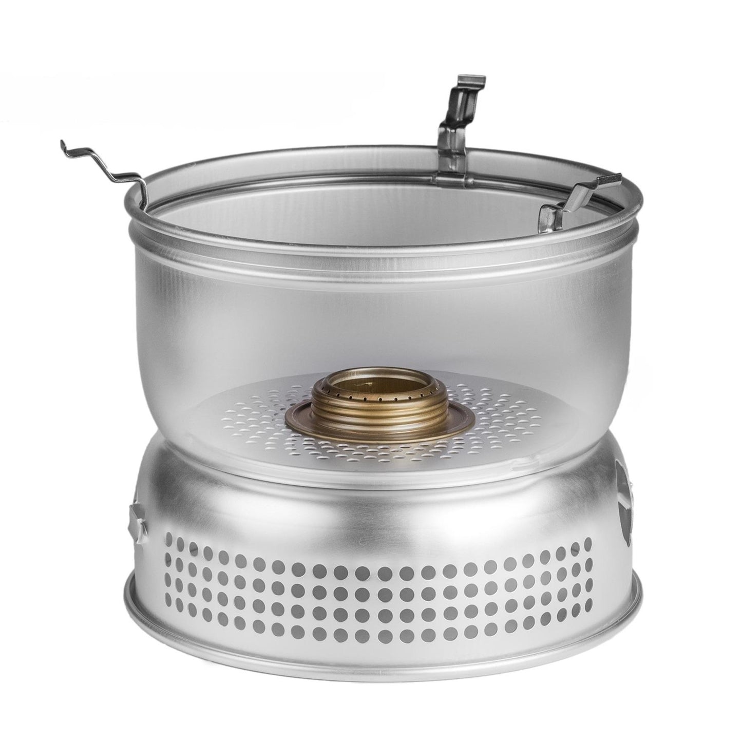 Trangia skystojo kuro degiklio rinkinys su virykle kompaktiškas stovyklavimo puodas iš aliuminio su vėjo skydu.