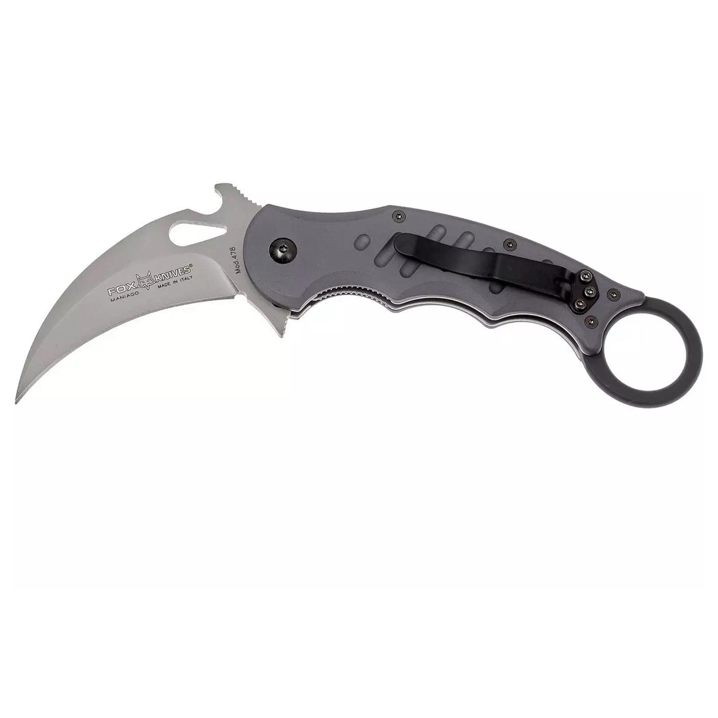 Fox Knives Mini Karambit FX-478 sulankstomas peilis su N690Co plieno ašmenimis ir pilka aliuminio rankena