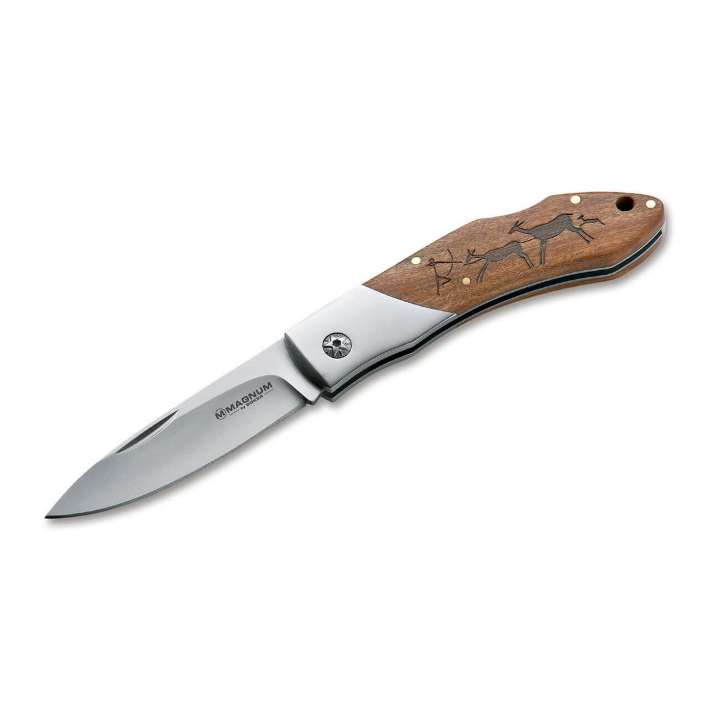 Boker Magnum Caveman sulankstomas peilis su medine rankena, graviruota medziokles scena ir nerūdijančio plieno geležte