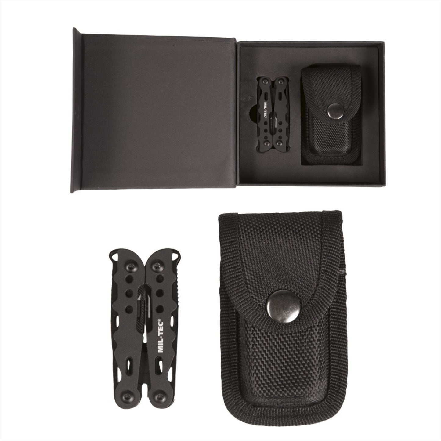 MIL-TEC Cobra multifunkcinis įrankis iš aliuminio korpuso su nailoniniu dėklu dovanų dėžutėje.