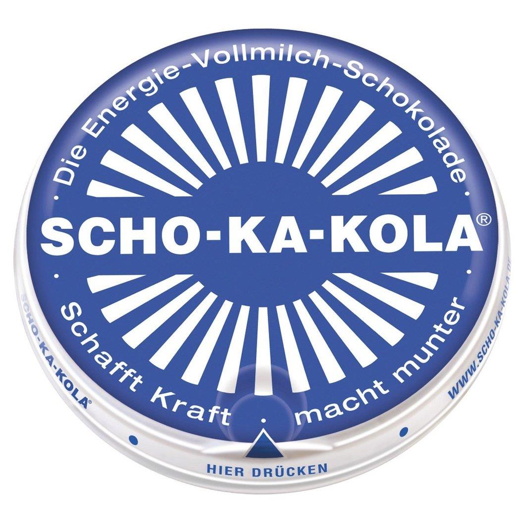 SCHO-KA-KOLA energetinis pieninis šokoladas metalinėje dėžutėje, greitas energijos šaltinis su kofeinu.
