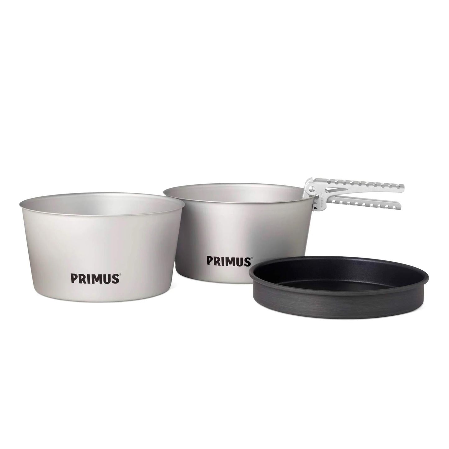 Primus Essential stovyklavimo puodų rinkinys aliuminis 2.3 litro talpa su nelimpančia keptuve ir rankena.