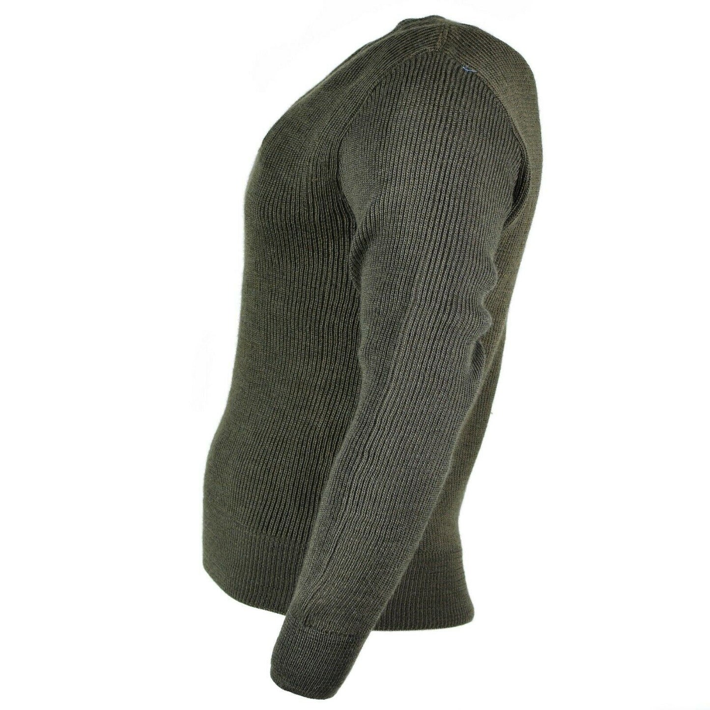 Prancūzijos kariuomenės vilnonis megztinis V formos kaklu alyvuogių spalvos, patvarus ir šiltas.