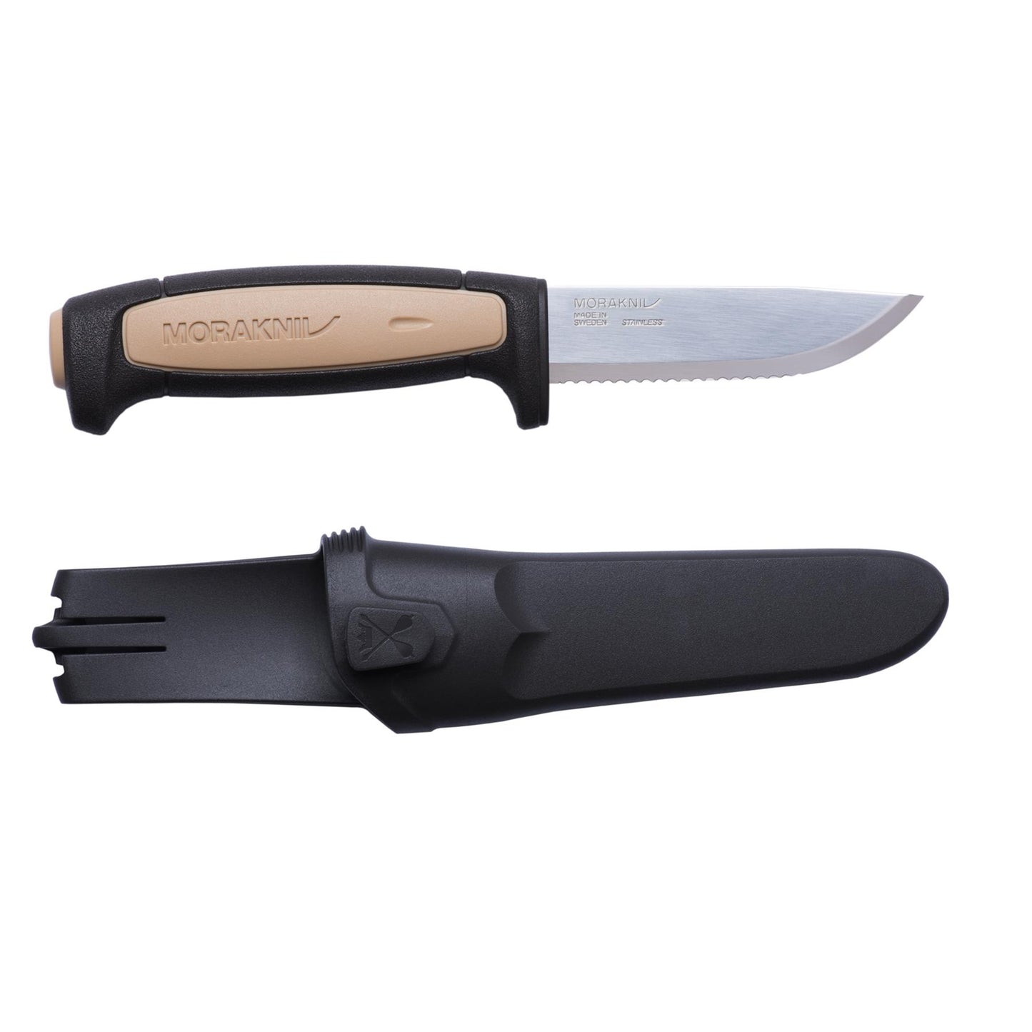 MORAKNIV Pro Rope SRT universalus peilis su fiksuota geležte ir seruotais ašmenimis bei patogiu dėklu.