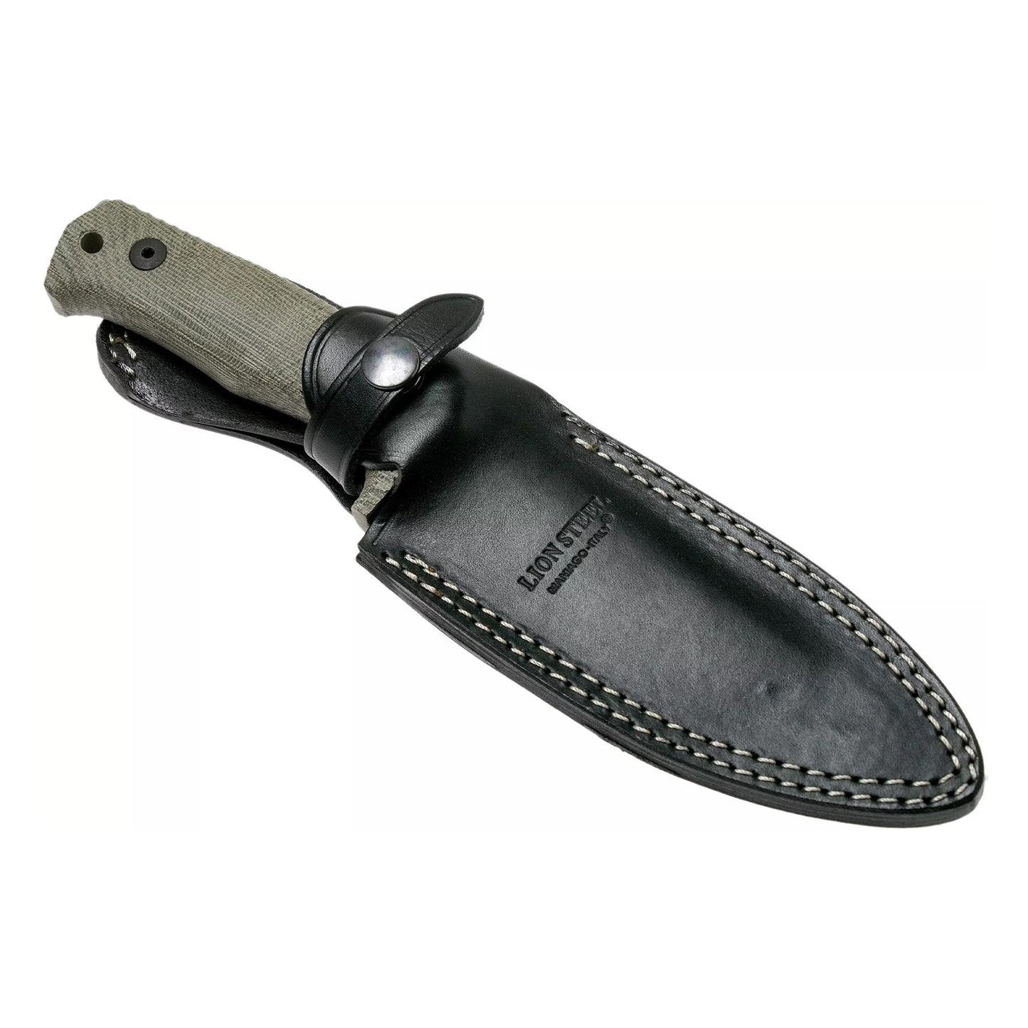 LionSteel T5 fiksuotas taktinis peilis iš Niolox plieno su SOLID rankena ir odiniu dėklu.