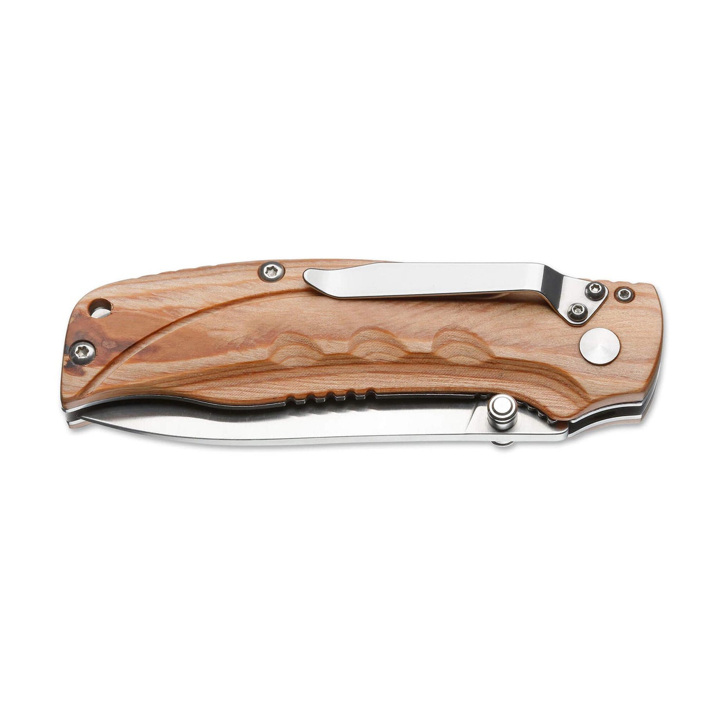 BOKER Pakka Hunter sulankstomas peilis su medine rankena, nerūdijančio plieno geležte ir metalinėmis detalėmis