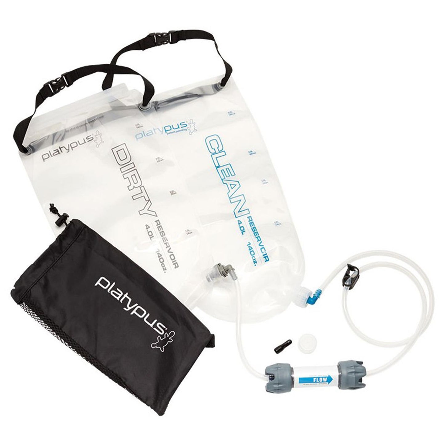 Platypus GravityWorks 4l talpos vandens filtravimo sistema stovyklavimui su atskirais rezervuarais ir filtravimu gravitacijos pagalba.