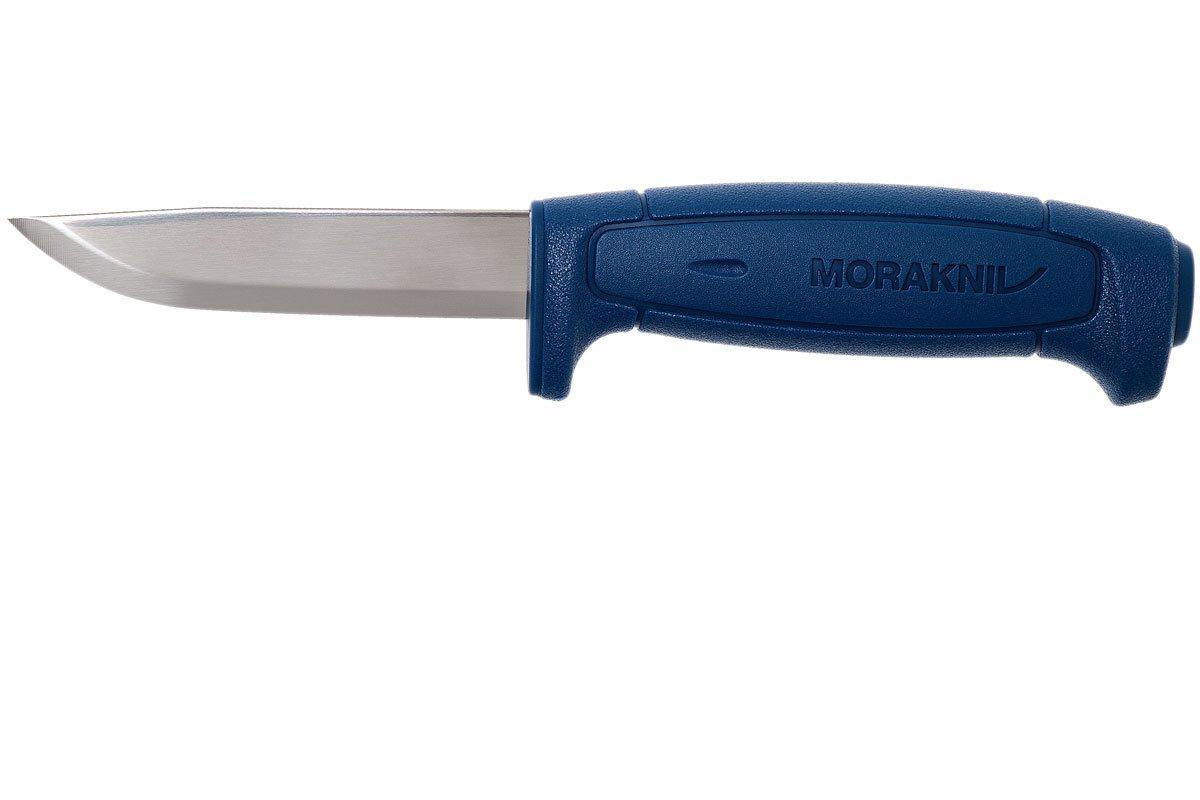 MORAKNIV Basic 546 fiksuotas peilis iš nerūdijančio plieno su mėlyna ergonomine rankena ir saugos apsaugos skydeliu.