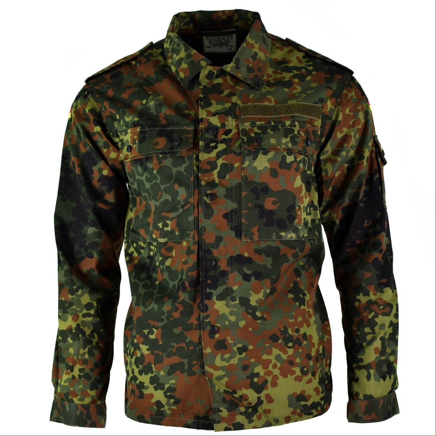 Vokiečių kariuomenės marškiniai ilgomis rankovemis flecktarn, medvilnės mišinio kamufliažo raštu, reguliuojami rankogaliai.