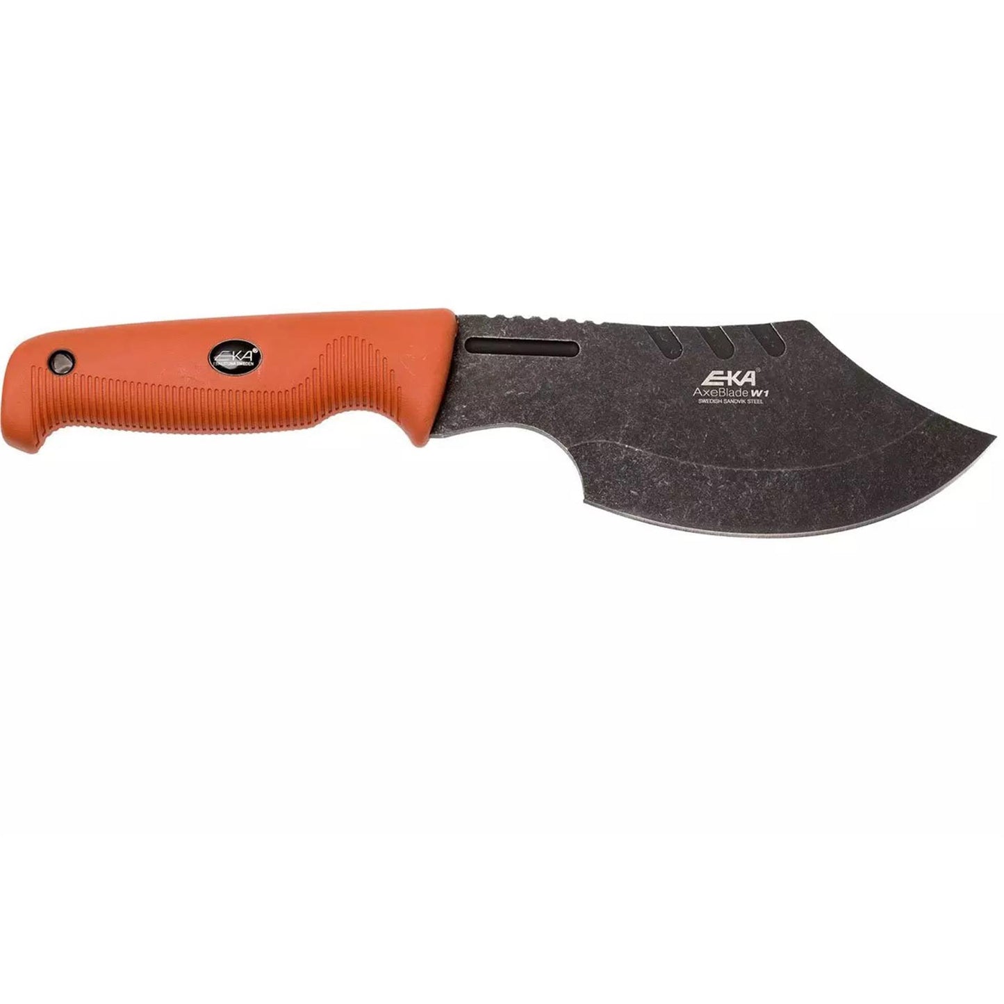 EKA AxeBlade W1 fiksuotas peilis su kirvio stiliaus ašmenimis ir oranžine neslystančia G10 rankena.