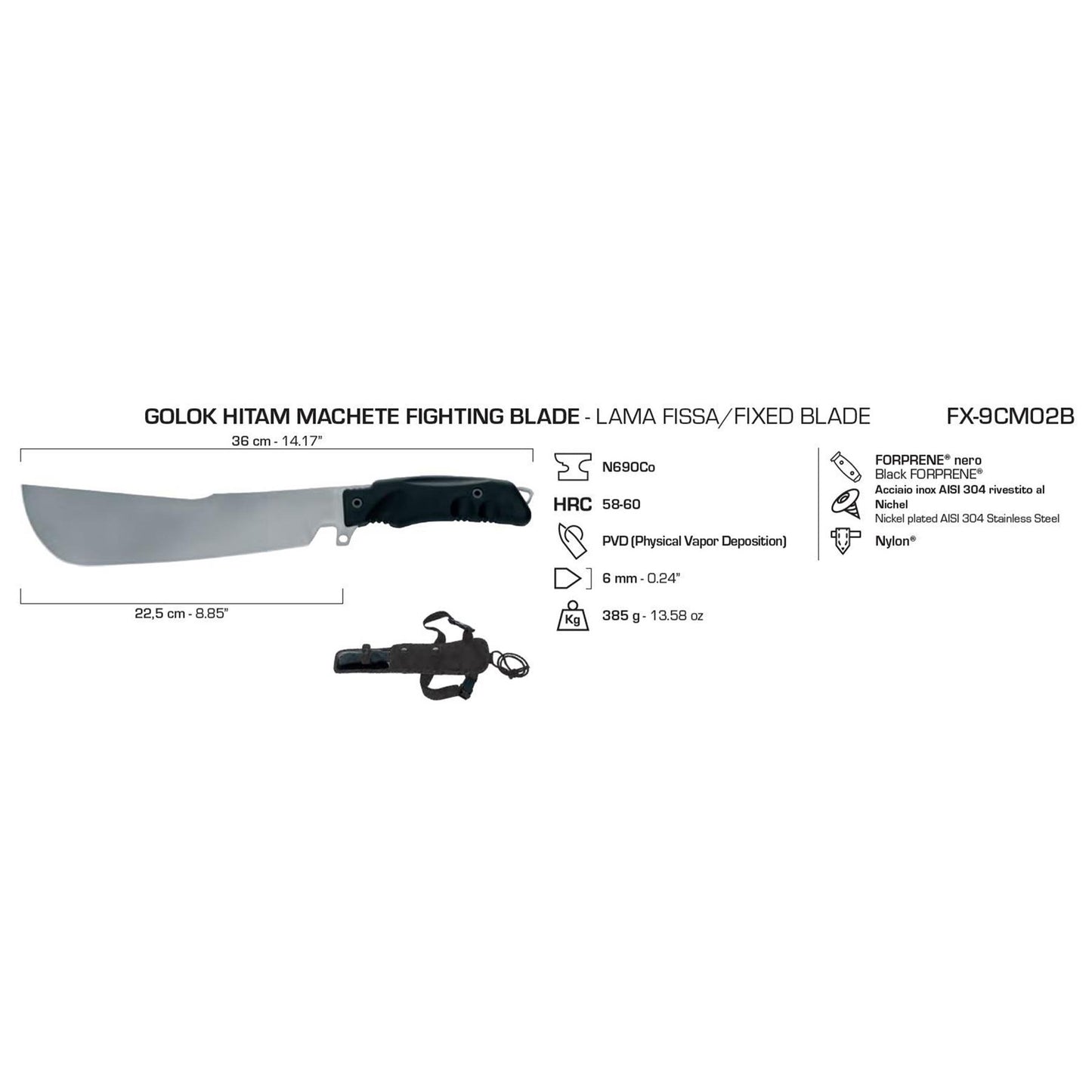 Fox Knives Golok Hitam taktinė mačetė N690Co plienas su ergonomine Forprene rankena ir PVD danga.