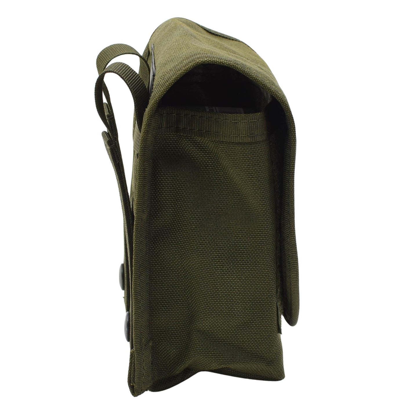 Jungtinės Karalystės universalus 40mm taktinis dėklas MOLLE tipo alyvuogių spalvos, patvarus ir funkcionalus.