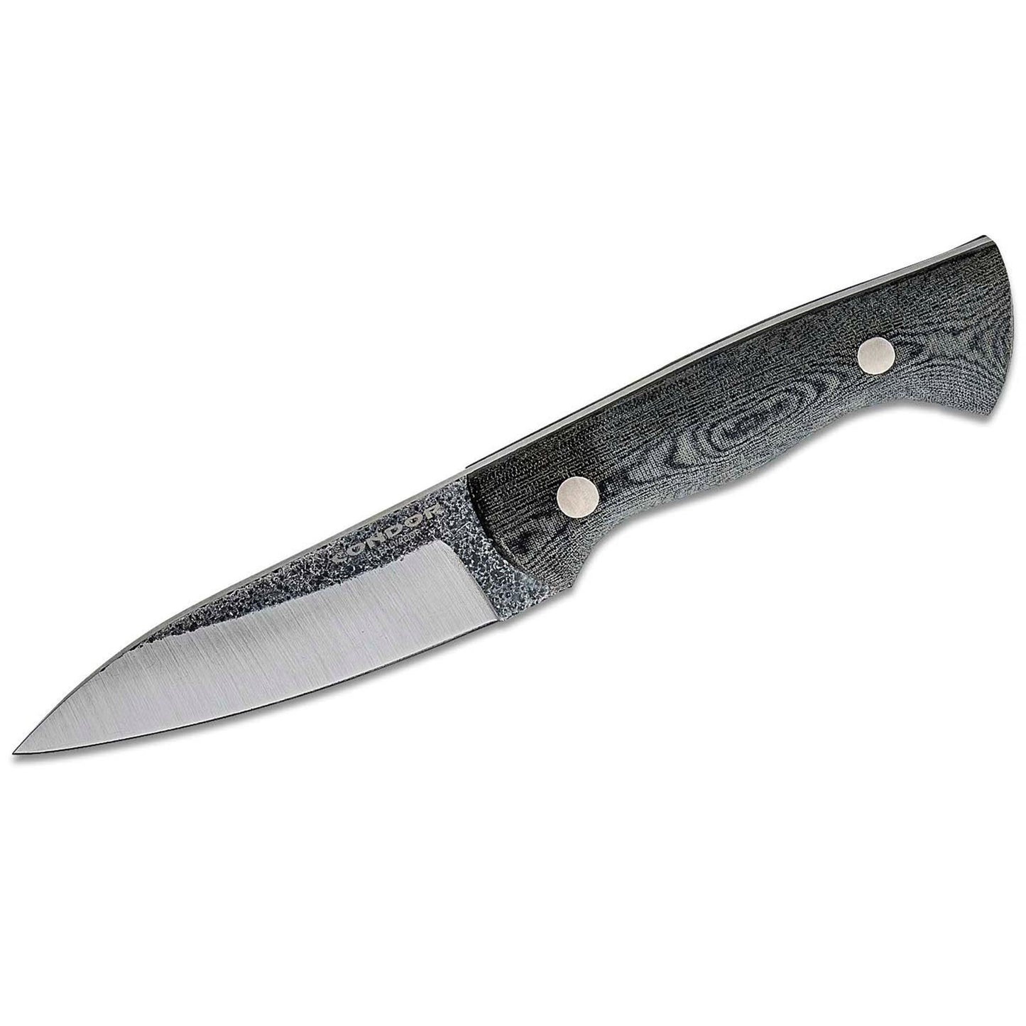 Condor Bush Slicer Sidekick peilis su pilka fiksuota geležte ir juoda Micarta rankena, sidabriniais kniedėmis
