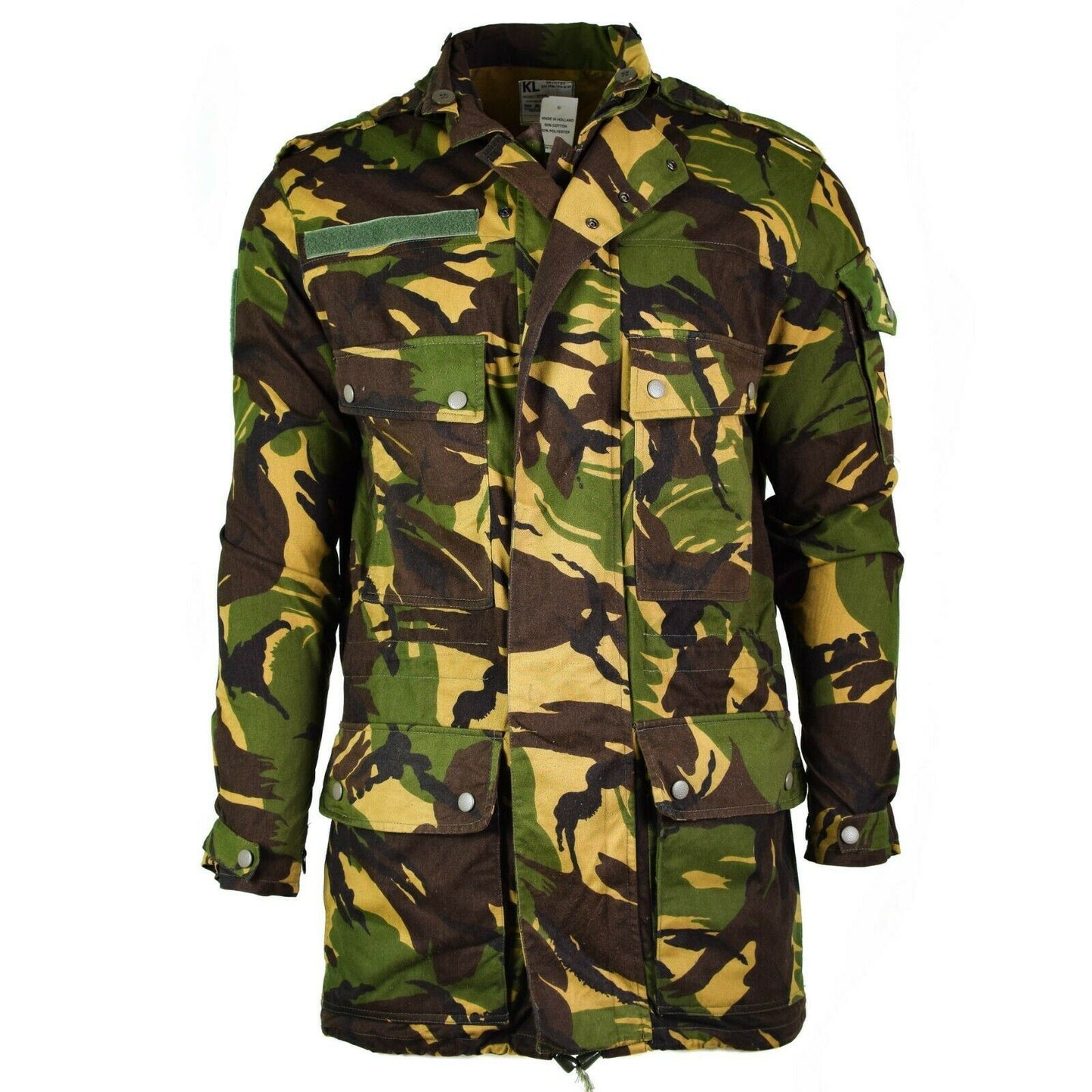 Olandijos kariuomenės parka stiliaus M65 striukė DPM marginimas su keturiomis kišenėmis ir Velcro juostele.