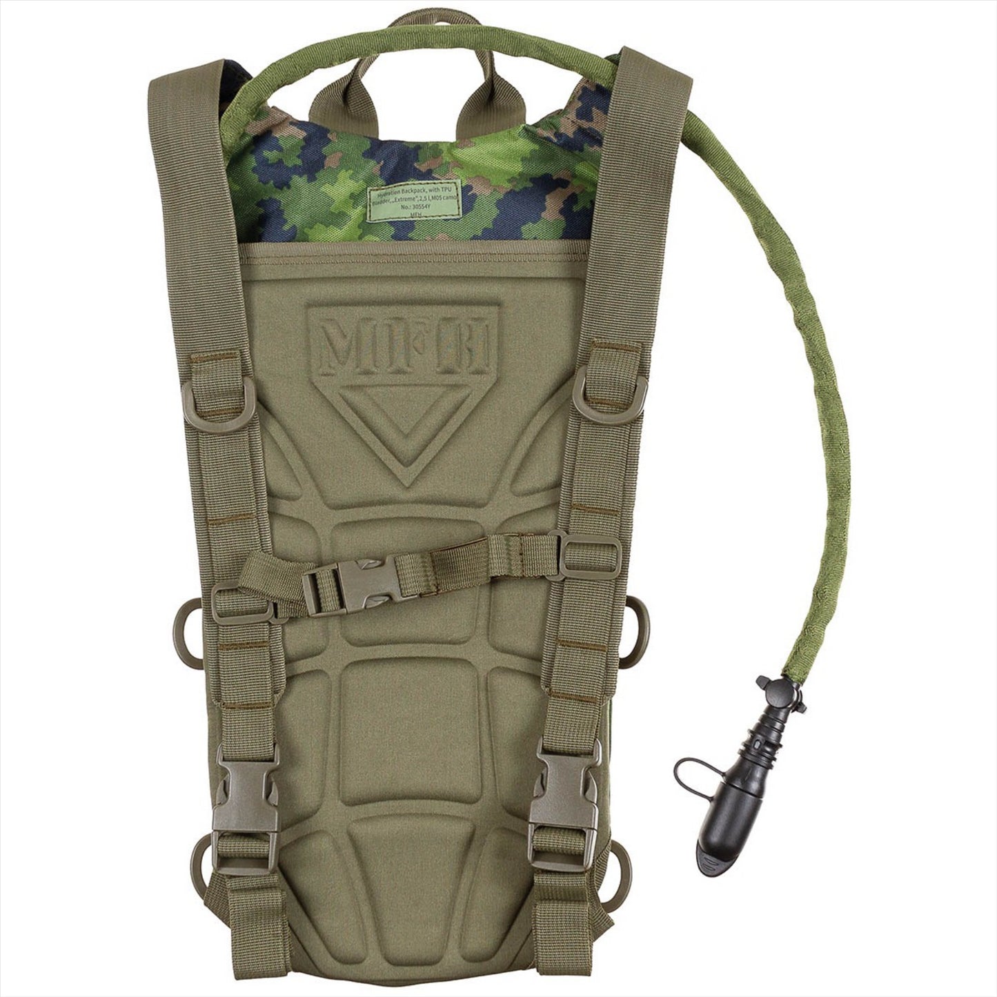 MFH hidratacinė kuprinė 2.5L su nugaros paminkštinimu M05 marginimo, ergonomiška, su gertuve ir kandikliu.