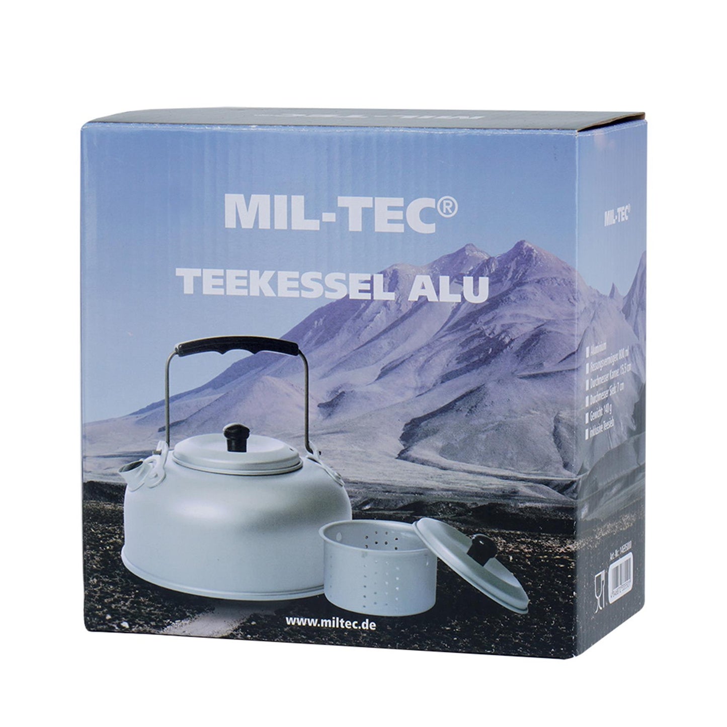 MIL-TEC Teakettle 800 ml virdulys iš aliuminio stovyklavimui lauke su arbatos sieteliu ir nešiojamu dizainu.
