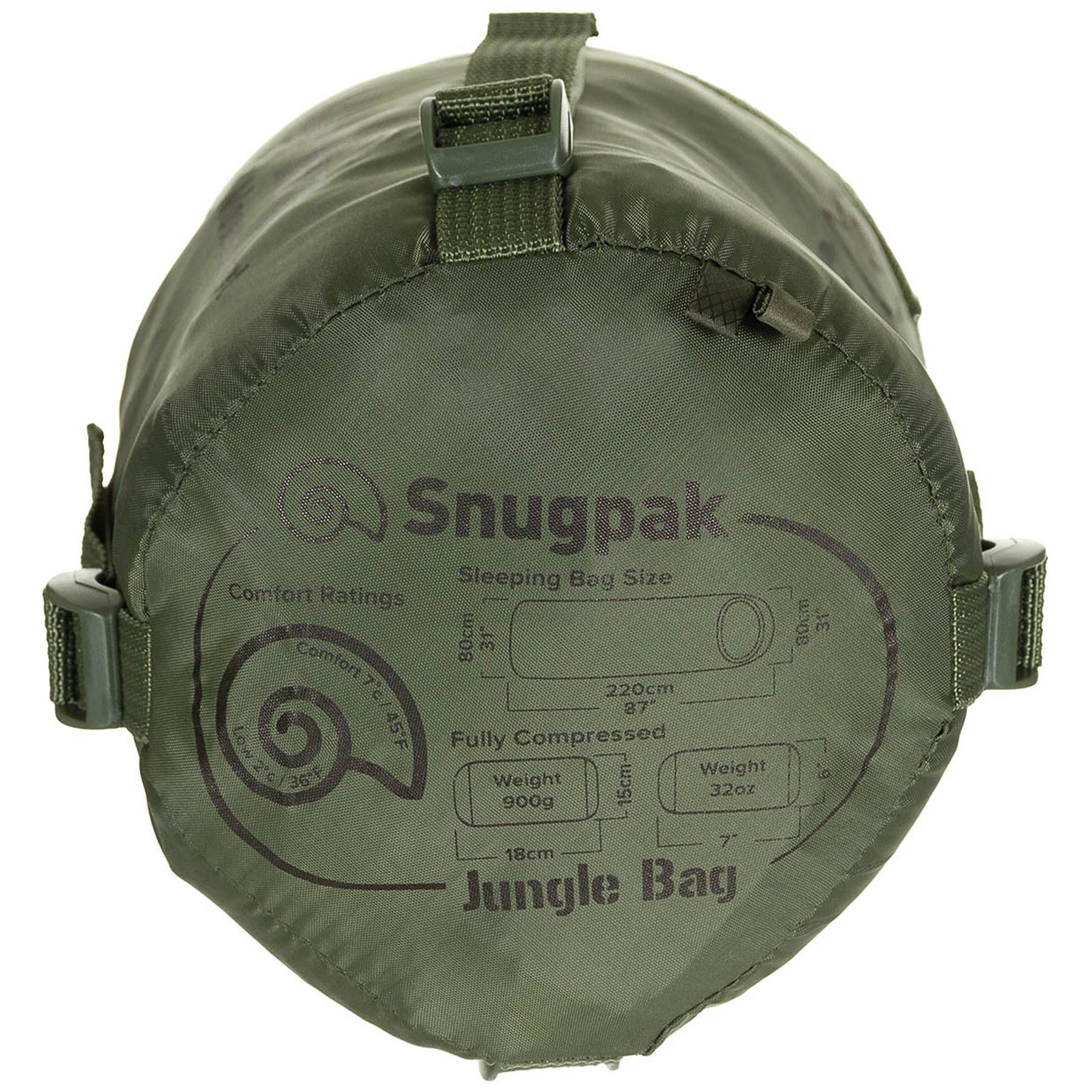 Snugpak antibakterinis miegmaišis su užtrauktuku, supakuotas alyvuogių spalvos kompresiniame maišelyje.