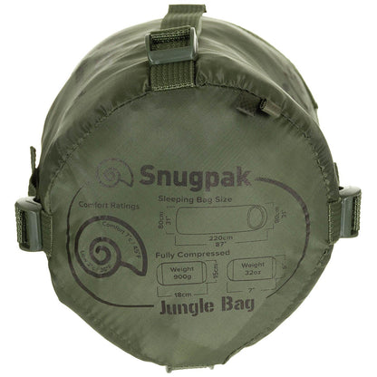 Snugpak antibakterinis miegmaišis su užtrauktuku, supakuotas alyvuogių spalvos kompresiniame maišelyje.