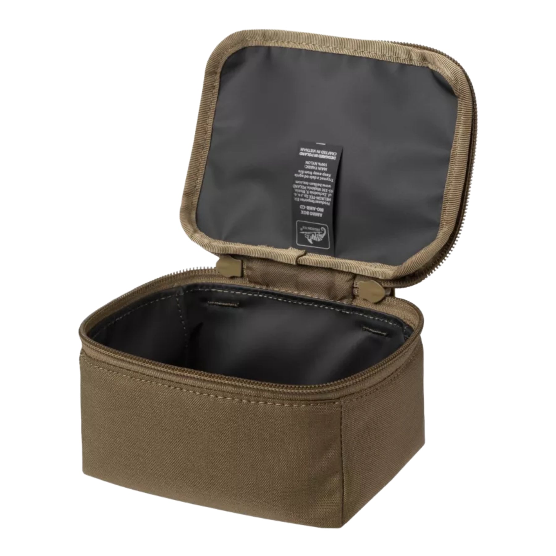 Atidarytas Helikon-Tex 1L amunicijos krepšys su YKK užtrauktuku iš Cordura 500D audinio.