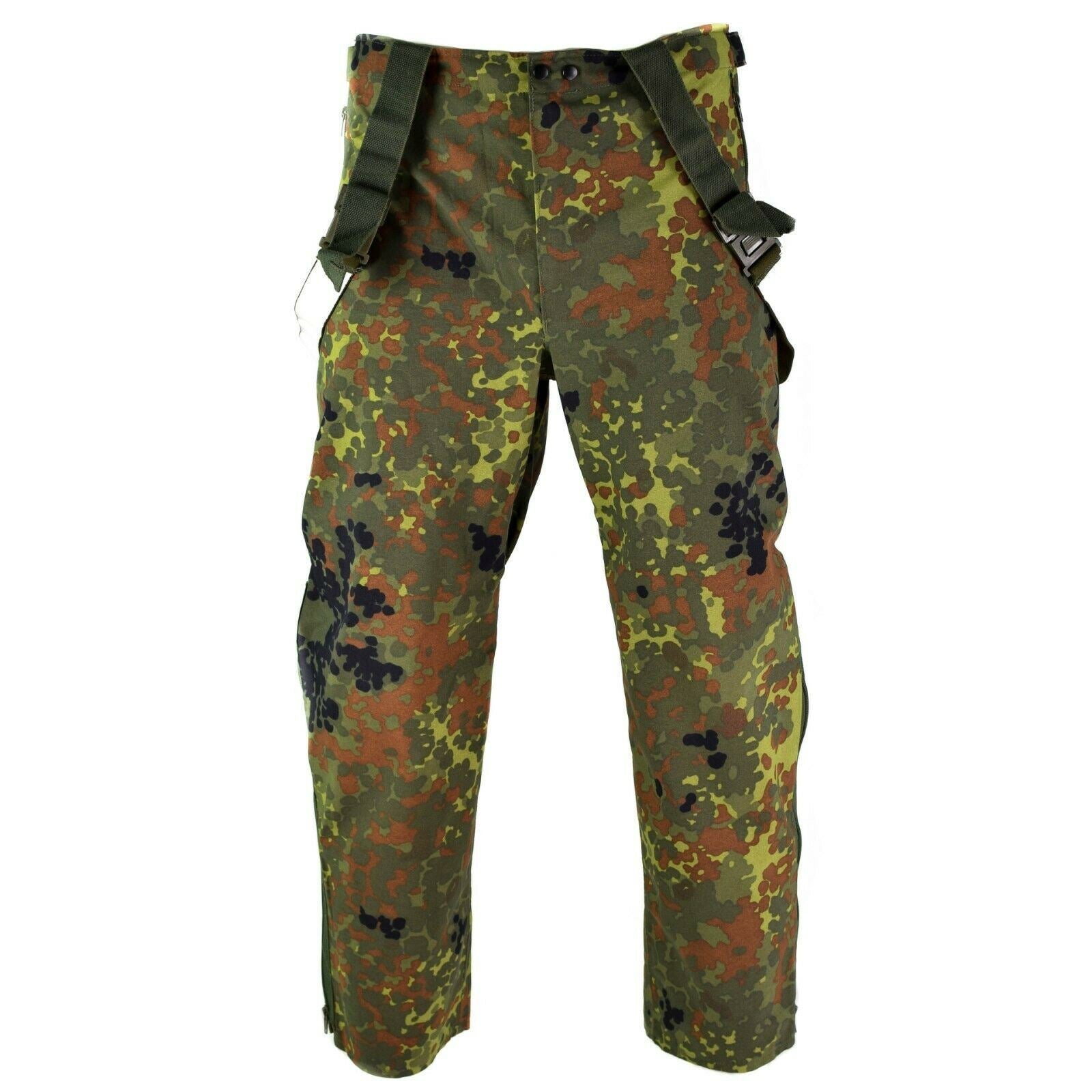 Vokiečių kariuomenės neperšlampamos kelnės su petnešomis Flecktarn marginimo, pagamintos iš Gore-Tex medžiagos.