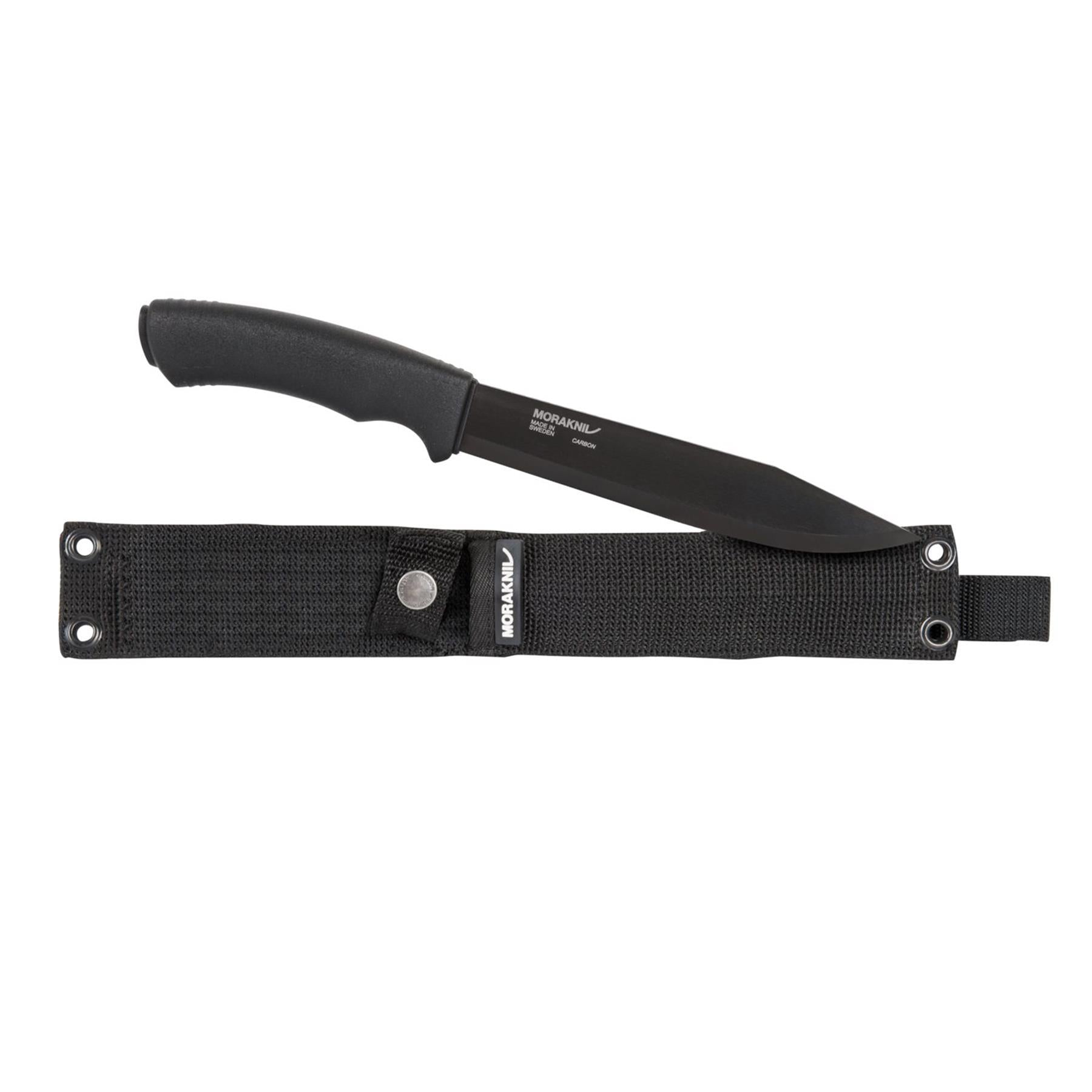 MORAKNIV Pathfinder taktinis fiksuotas peilis anglies plienas su juodu rankena ir dėklu stovyklavimui.