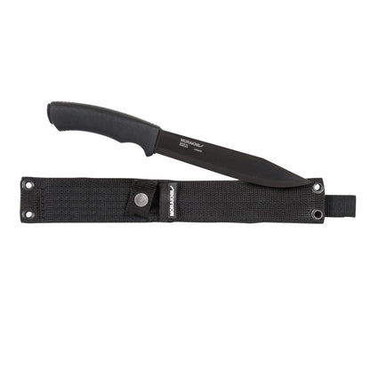 MORAKNIV Pathfinder taktinis fiksuotas peilis anglies plienas su juodu rankena ir dėklu stovyklavimui.