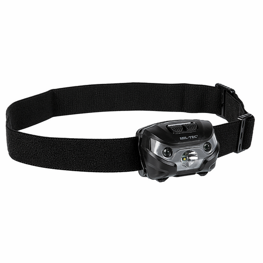 MIL-TEC CREE XPE LED galvos žibintas 200 liumenų su raudona šviesa juodas