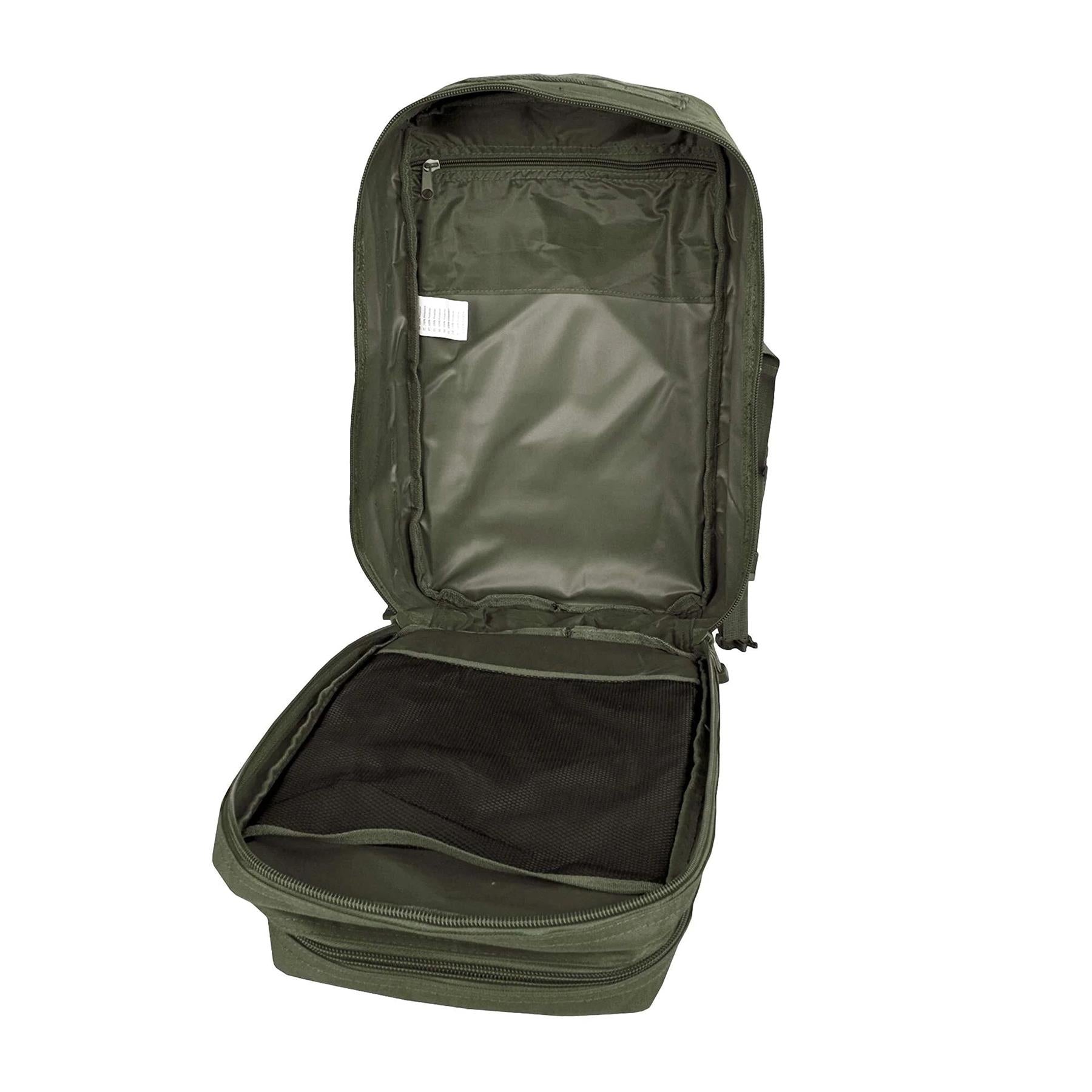 MIL-TEC U.S. Assault combat backpack trekking hiking outdoor rucksack 36L olive atvira su matomomis vidinėmis kišenėmis.