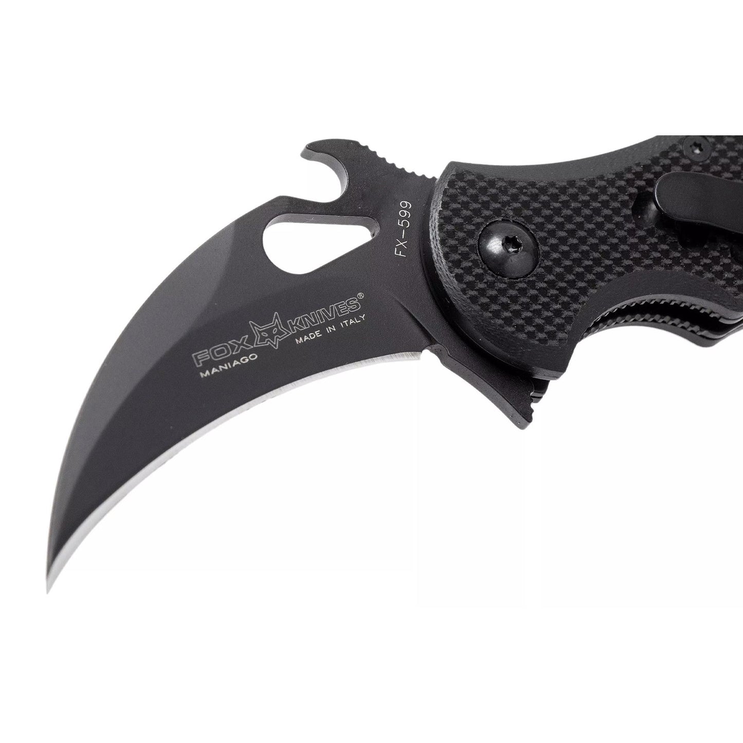 Fox Knives FX-599 sulankstomas taktinis peilis karambitas N690Co plienas