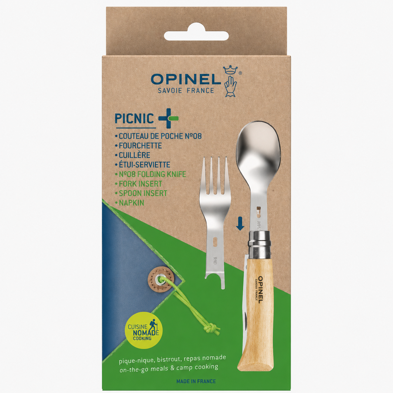 Opinel Picnic+ N°08 stalo įrankių rinkinys peilis šaukštas šakutė