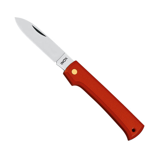 Fox Knives INOX kišeninis peilis iš 420C plieno su poliruotais ašmenimis ir raudona ergonomiška rankena.