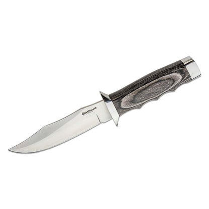 BOKER Jungle Devil medžioklinis peilis su Pakka medienos rankena ir 440A plieno Bowie geležte, metaliniais elementais