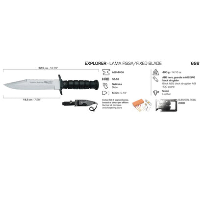 Fox Knives Military Explorer išgyvenimo peilis fiksuota geležte 440 plienas su igyvenimo rinkiniu