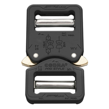 COBRA PRO STYLE juoda aliuminine greito paleidimo diržo sagtis 25mm su metaliniais fiksatoriais ir instrukcijos žymenimis