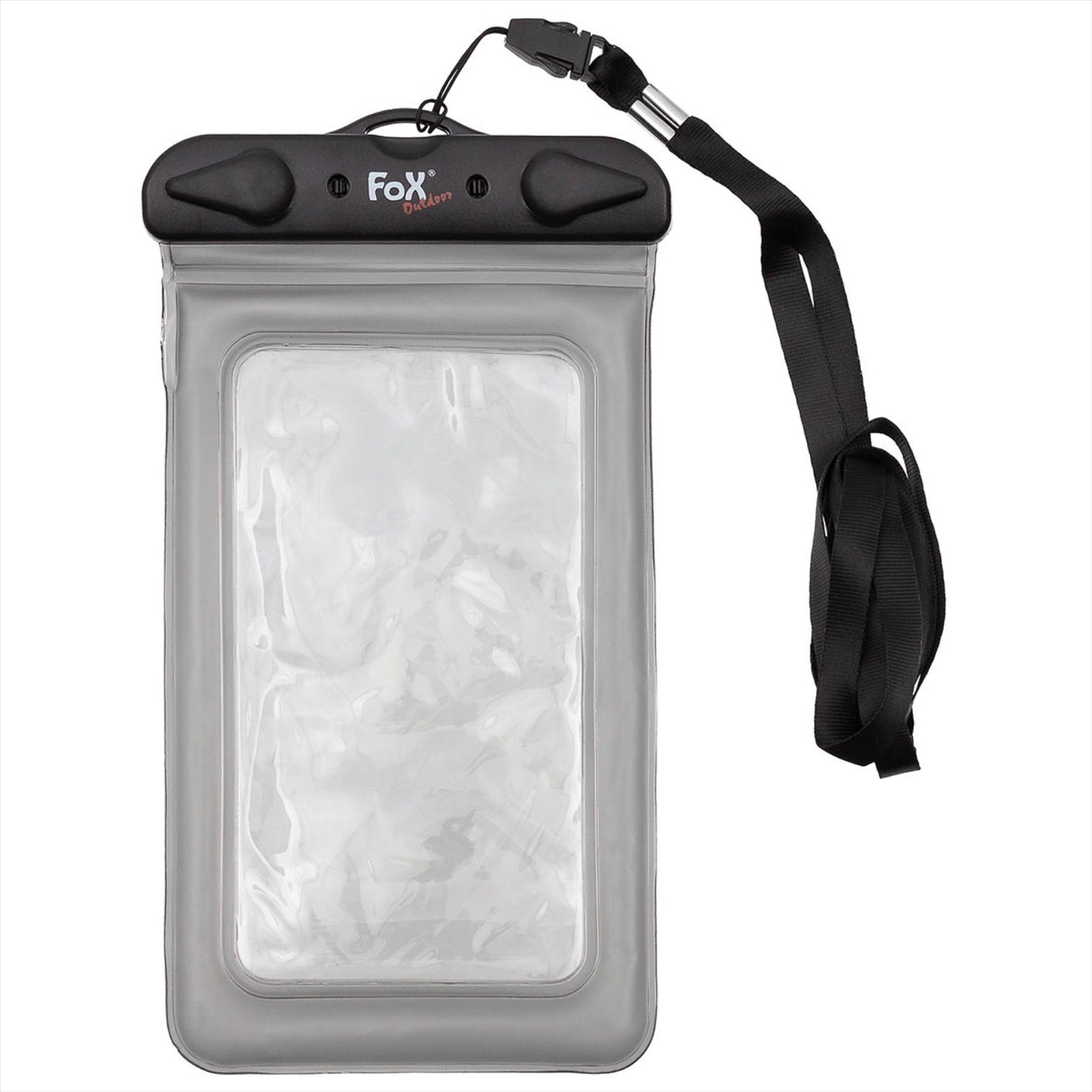 Fox Outdoor permatomas telefono dėklas su dulkėms ir vandeniui atspariu užsegimu ir nuimamu kaklo dirželiu.