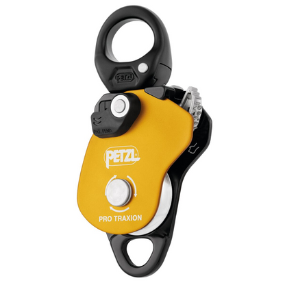 PETZL PRO TRAXION alpinizmo skriemulys su fiksatoriumi geltonas