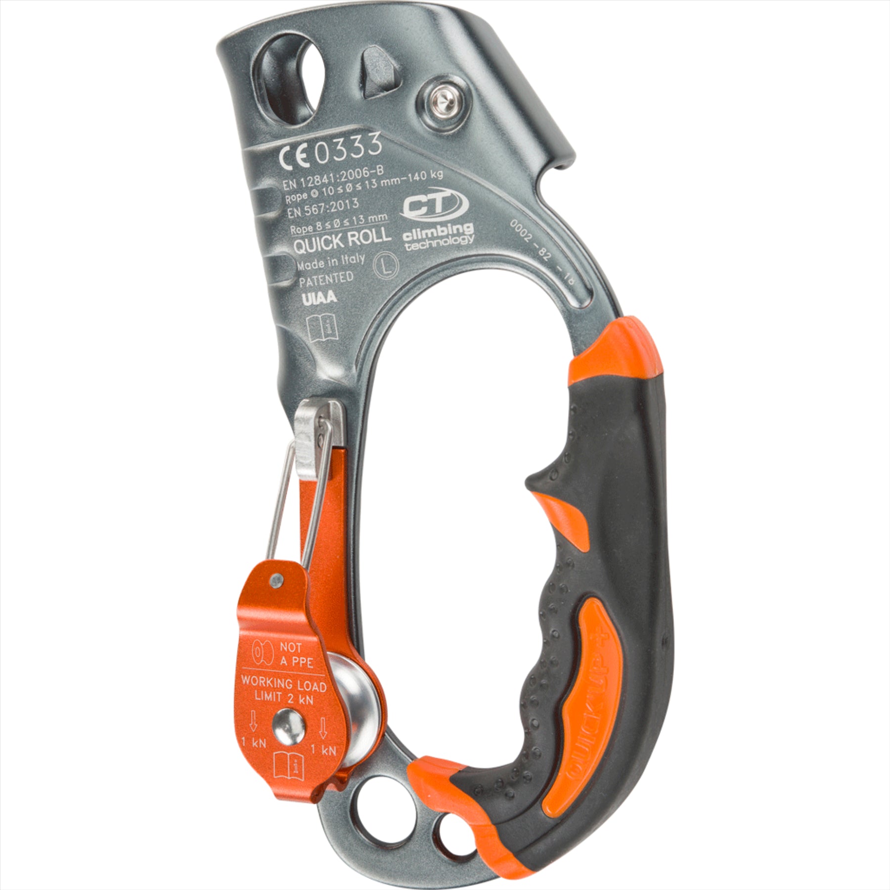 Climbing Technology QUICK ROLL rankinis ascenderis su integruotu skriemuliu, ergonomiška ir patvari konstrukcija.
