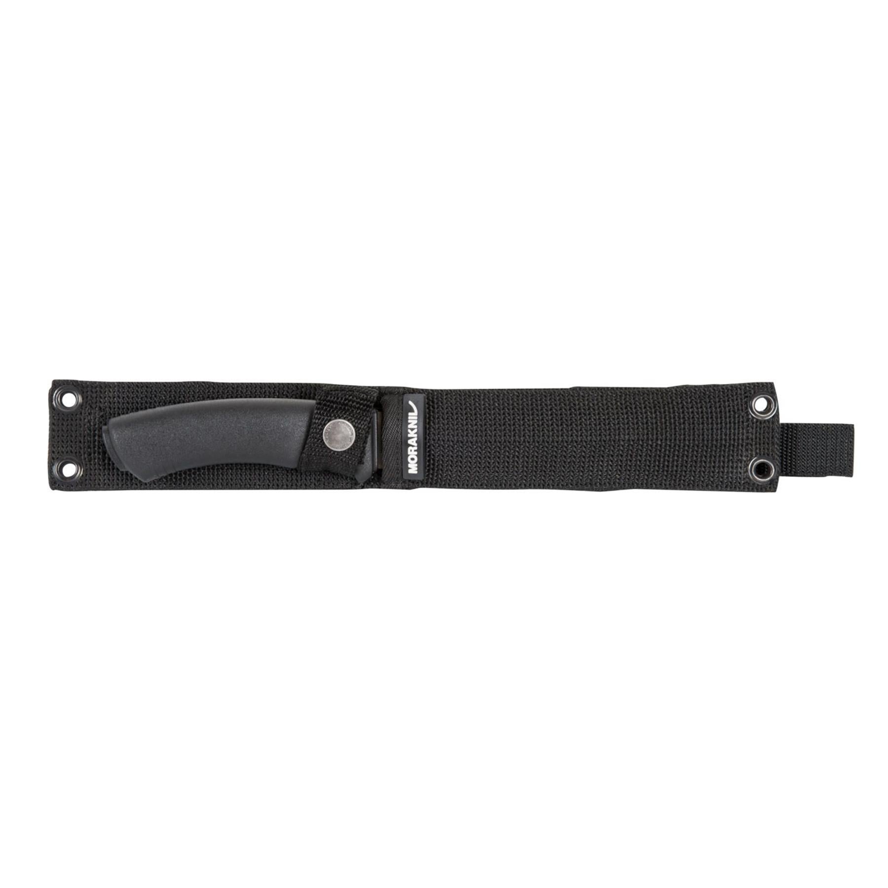MORAKNIV Pathfinder taktinis fiksuotas peilis anglies plienas su juodu dėklu patogiam nešiojimui ir saugumui.
